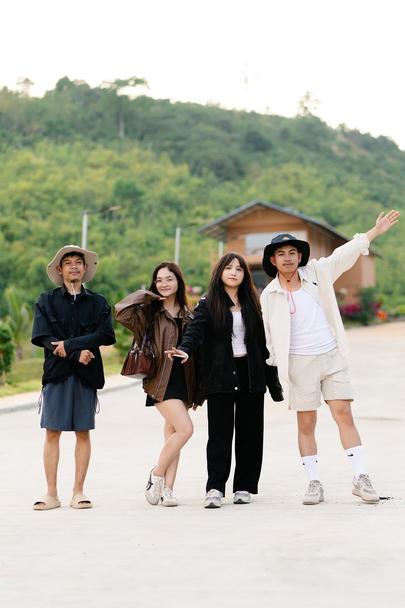 Group photo with mountain backdrop