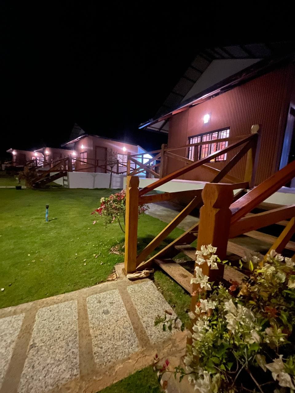 Row of bungalows with garden walkways at night